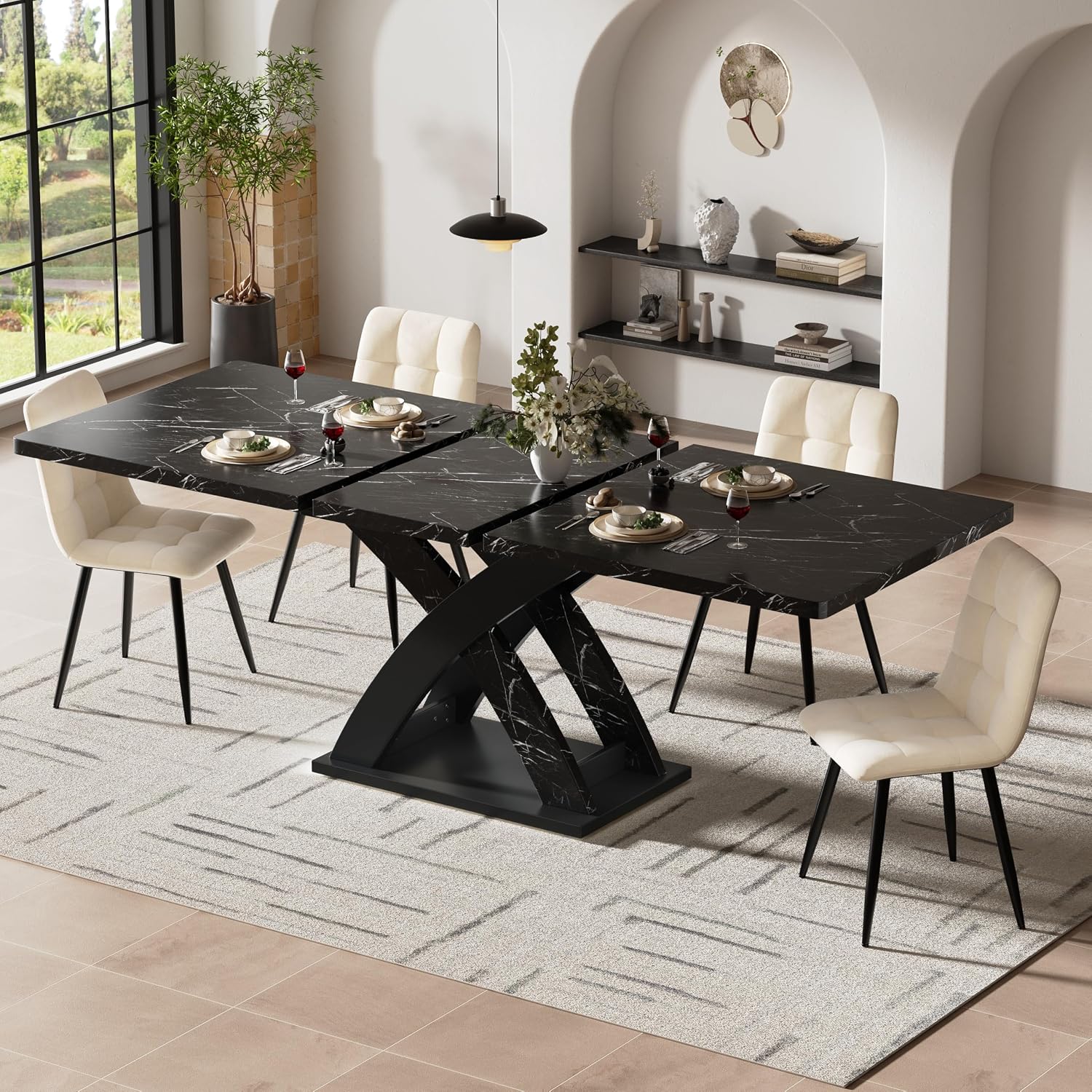 Gxffipw, Esstisch, 160x80x75 cm, Schwarz, Ausziehbar mit X-Förmige Tis – Quendorva