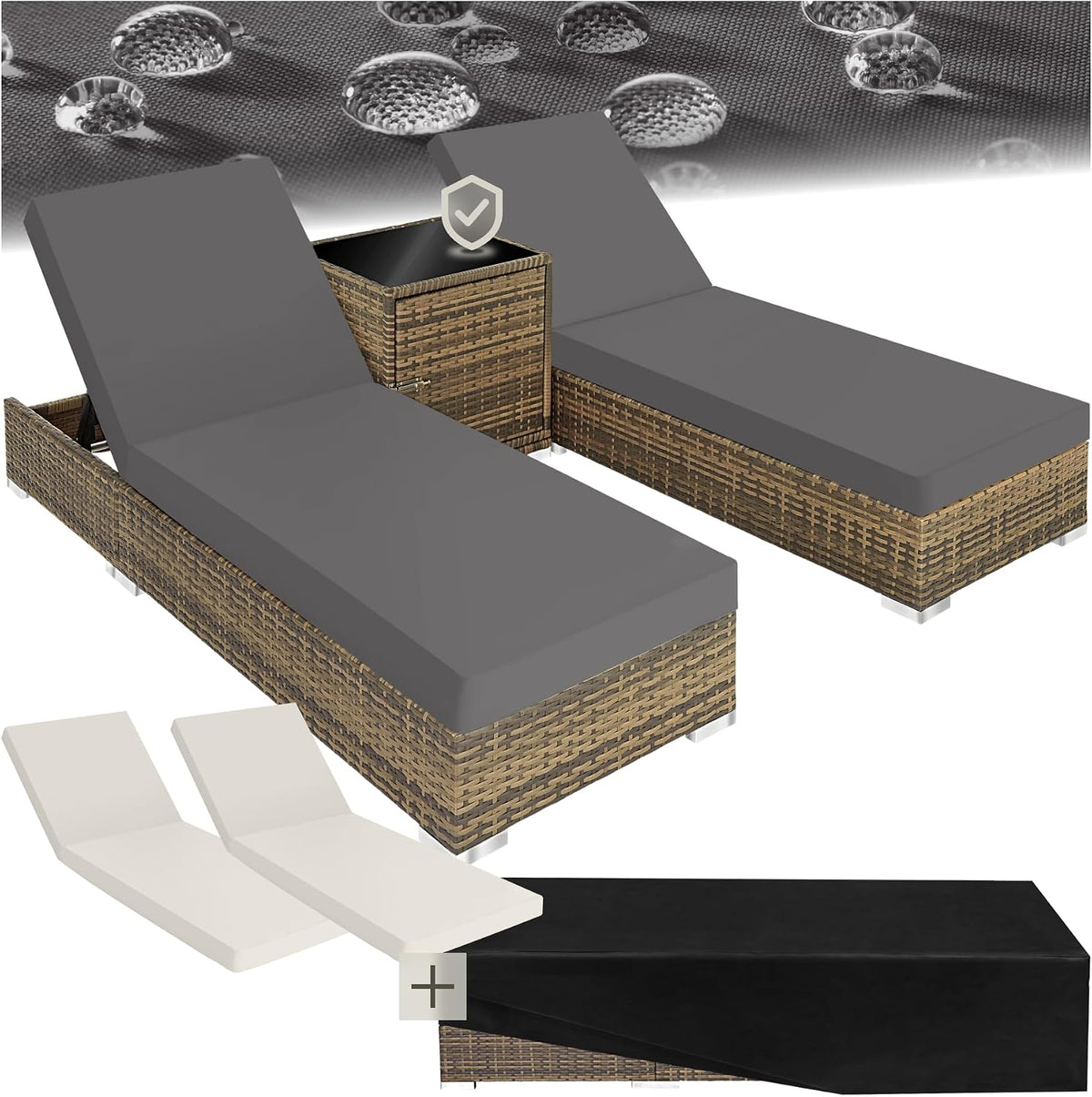 Gartenmöbel-Set, tectake, Natur, ® 2er Garten Lounge Sonnenliegen Set mit Tisch, Aluminium Gartenliege, Gartenlounge Outdoor