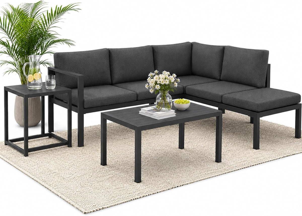 Mucola, Gartenmöbel-Set, Anthrazit, Gartenmöbel Set Ecklounge Aluminium mit Hocker und Tisch