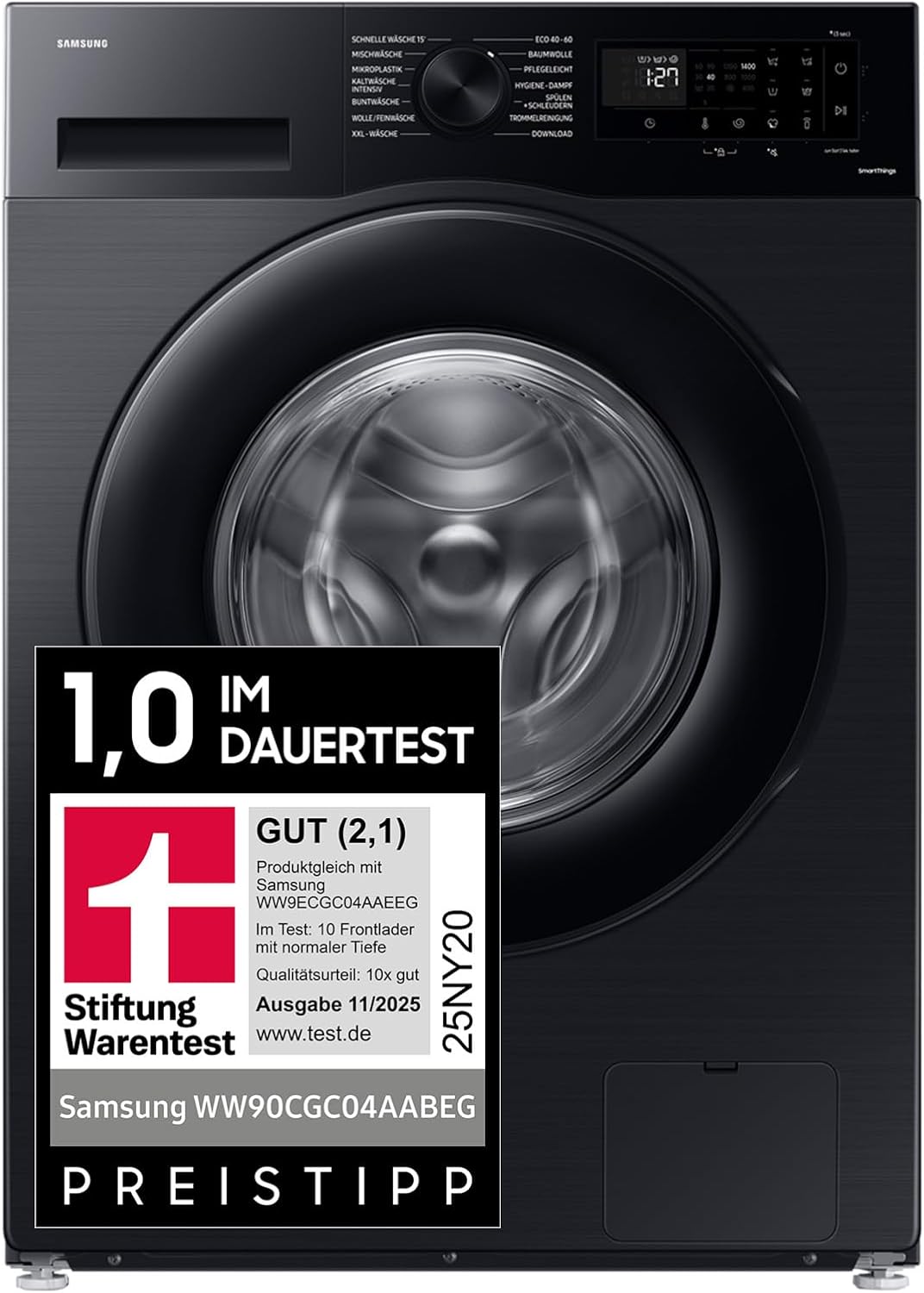 Samsung, Waschmaschine, 9 kg, Schwarz, 1.400 U / min, EEK: A, Mikroplastik-Programm, Ecobubble, 14 Programme, WiFi SmartControl