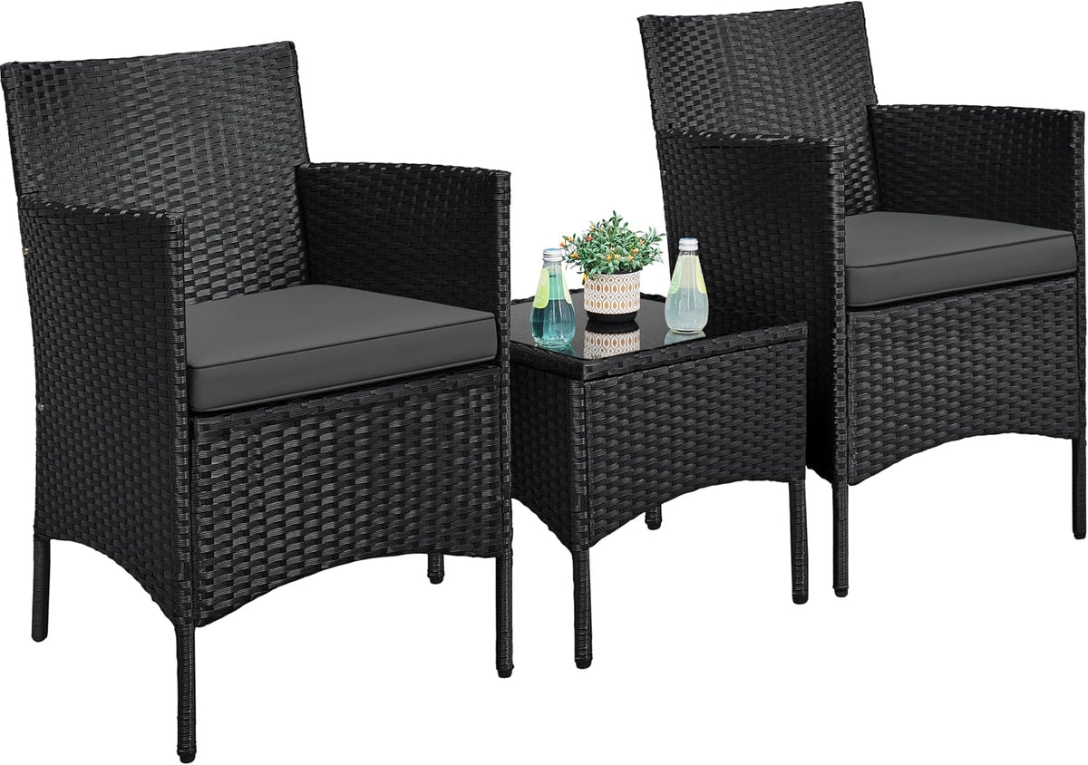 Yaheetech, Unterhaltungssets, Schwarz/Grau, Balkonmöbel Set, 3TLG Gartenmöbel Terrassenmöbel aus PE-Rattan