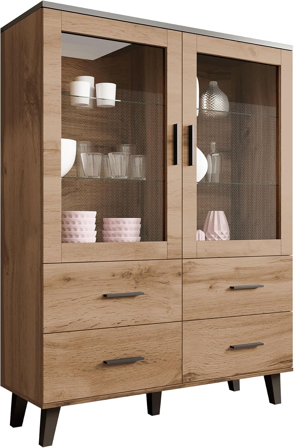 Mirjan24, Vitrine, Eiche/Schwarz, Lotta II 120 2D4S, Stand im skandinavischen Stil, nschrank, Glas, Hochschrank