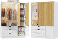 MSFE, Kleiderschrank, 50 cm, Weiss, Garderobenschrank 3-türiger mit Spiegel, Beleuchtung mit Bewegungsmelder, 3 Schubladen