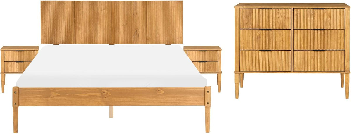 Beliani, Bettrahmen, 160x200 cm, Hellbraun, Schlafzimmer Set 4-teilig Kiefrenholz Bett mit 2