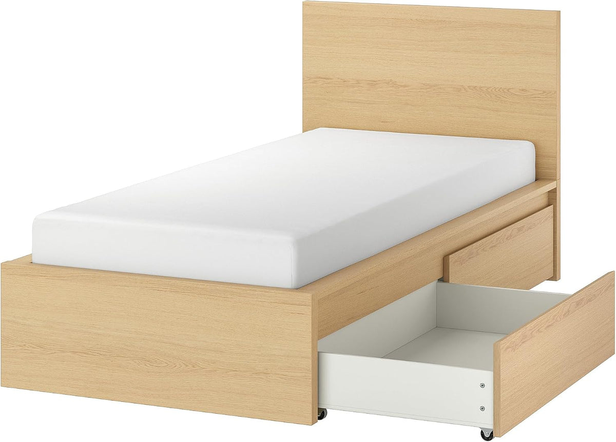 IkeaProduktbeschreibungen, Bettrahmen, 90x200 cm, Weiss, IKEA MALM Bettgestell, hoch, mit 2 Aufbewahrungsboxen