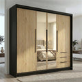 A&J MöbelLand, Kleiderschrank, 200 x 215 cm, Beige/Grau, VIVO 4-türig mit Spiegel und Schubladen, Drehtürenschrank mit Kleiderstange und Einlegeböden
