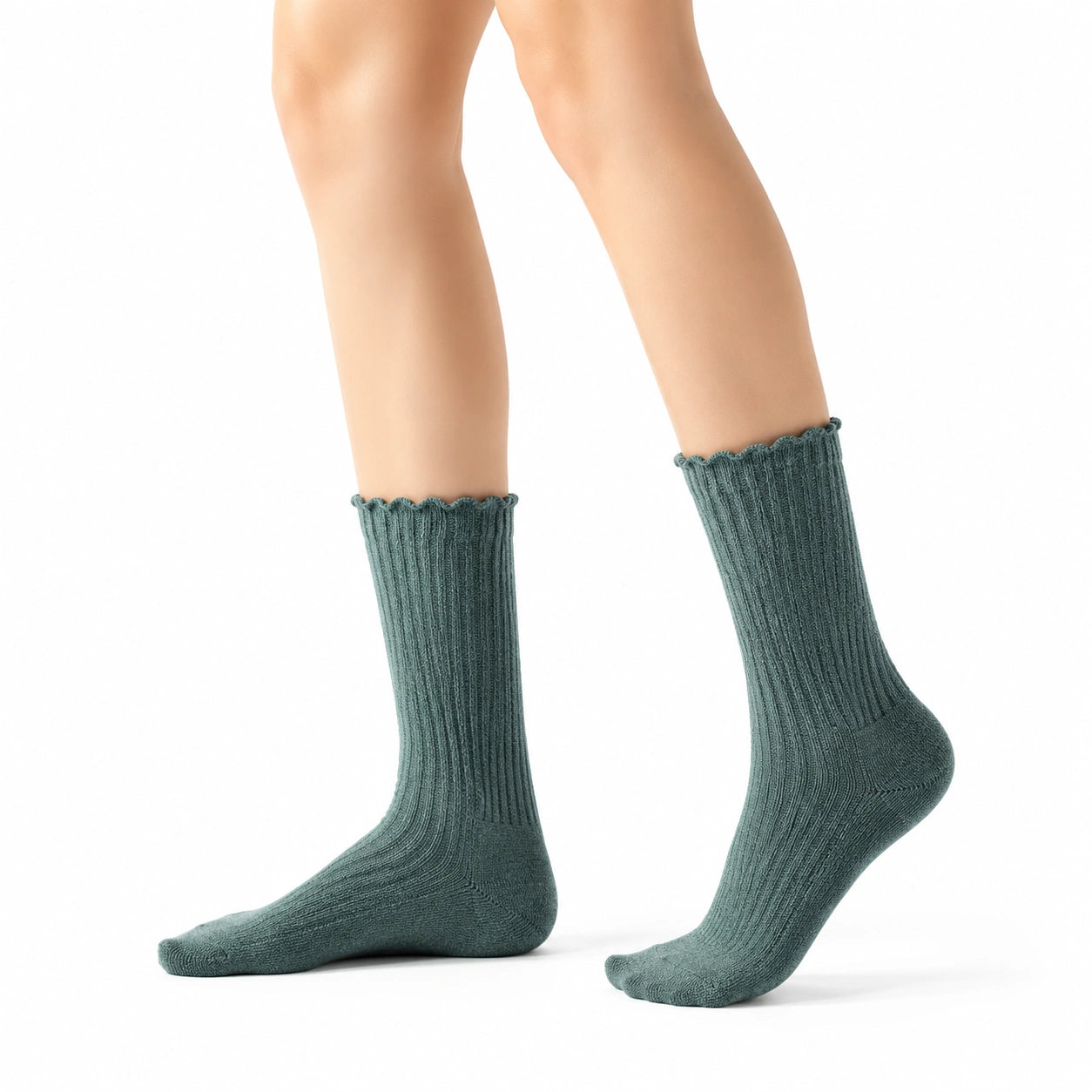 Stricksocken 39-42 Textil Grün gerippt mit Wellenbündchen