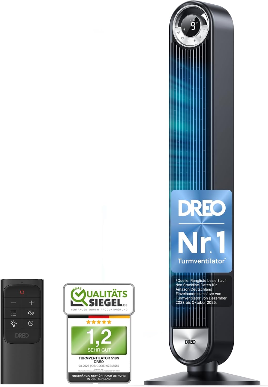 DREO, Turmventilator, 25 dB, 8,5 m, Grau/Blau, für Schlafzimmer, DC Standventilator mit 9 Geschwindigkeiten, Ultraleise