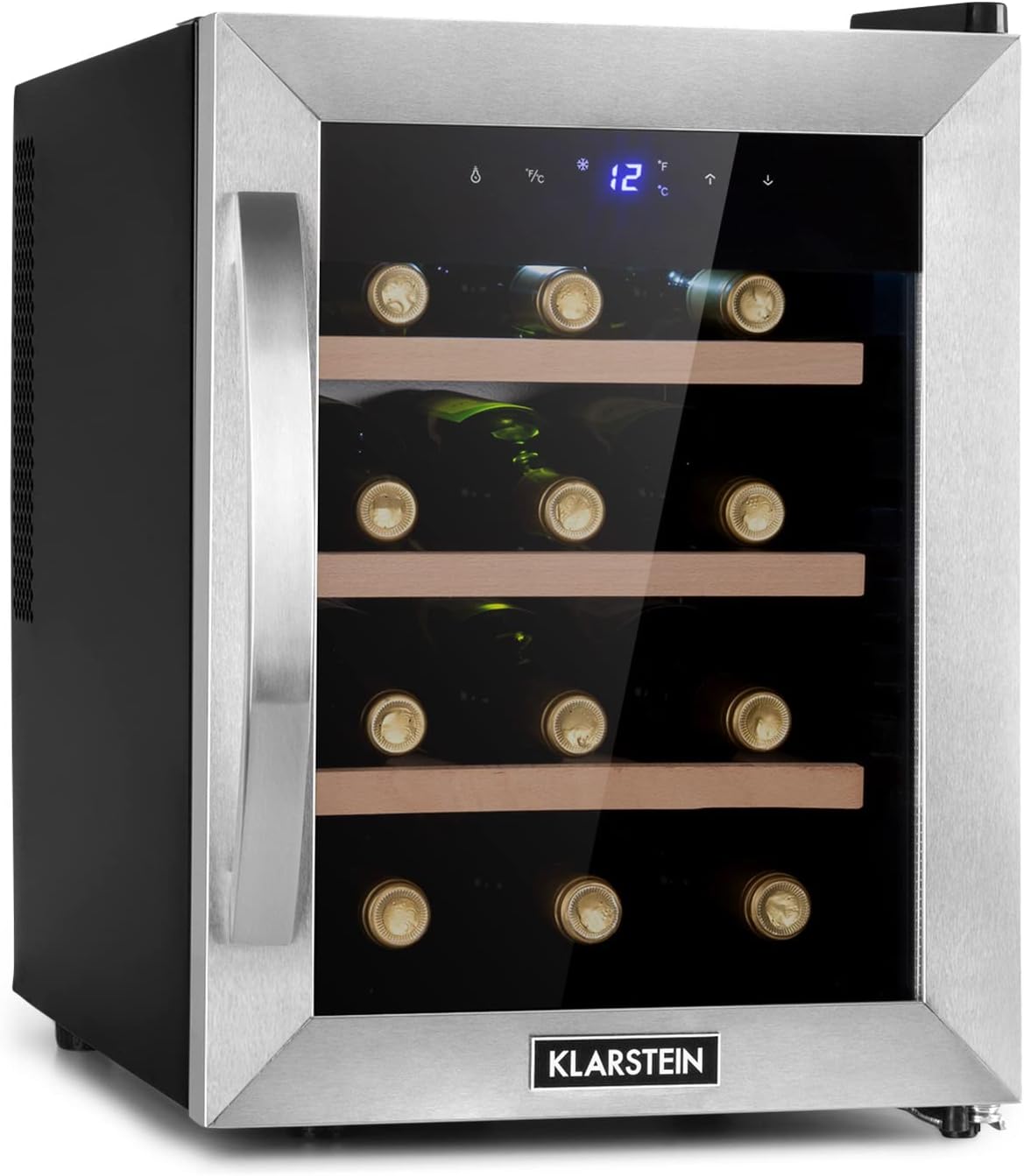 Klarstein, Getränkekühlschrank, Schwarz/Grau, Weinkühlschrank, Schmal, 1 Zone Kühlschrank mit Glastür, Outdoor GetränkekühlschränkeFreistehend