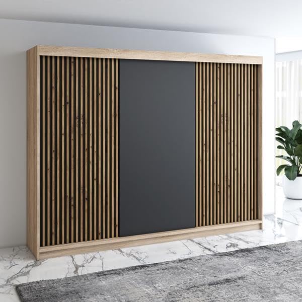 A&J MöbelLand, Kleiderschrank, 200 cm, Schwarz, Schwebetürenschrank IOSA 3-türig mit 4 Schubladen & 3D, Garderobe (Sonoma / / / )