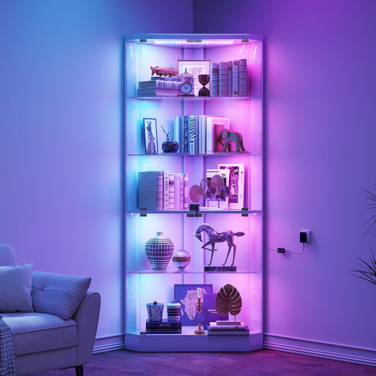 Lvifur, Vitrine, 175 cm, Weiss, 5-Lagen Eck mit Menschlicher Sensor & Glastüren