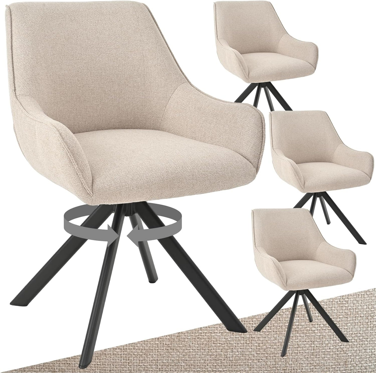Goeurvant, Esszimmerstühle, Beige, Drehbar 4er Set mit Armlehne, 360°Drehbar Polsterstuhl Leinen Modern Drehstuhl