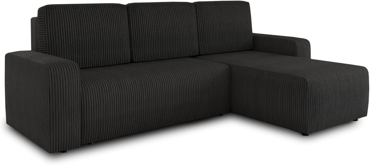 Sofa, Sofnet, Schwarz, Eck Roma L mit Schlaffunktion und Bettkasten - Cord Stoff -, Polster, Schlaf, garnitur - Ottomane Universal ( (Poso 135))
