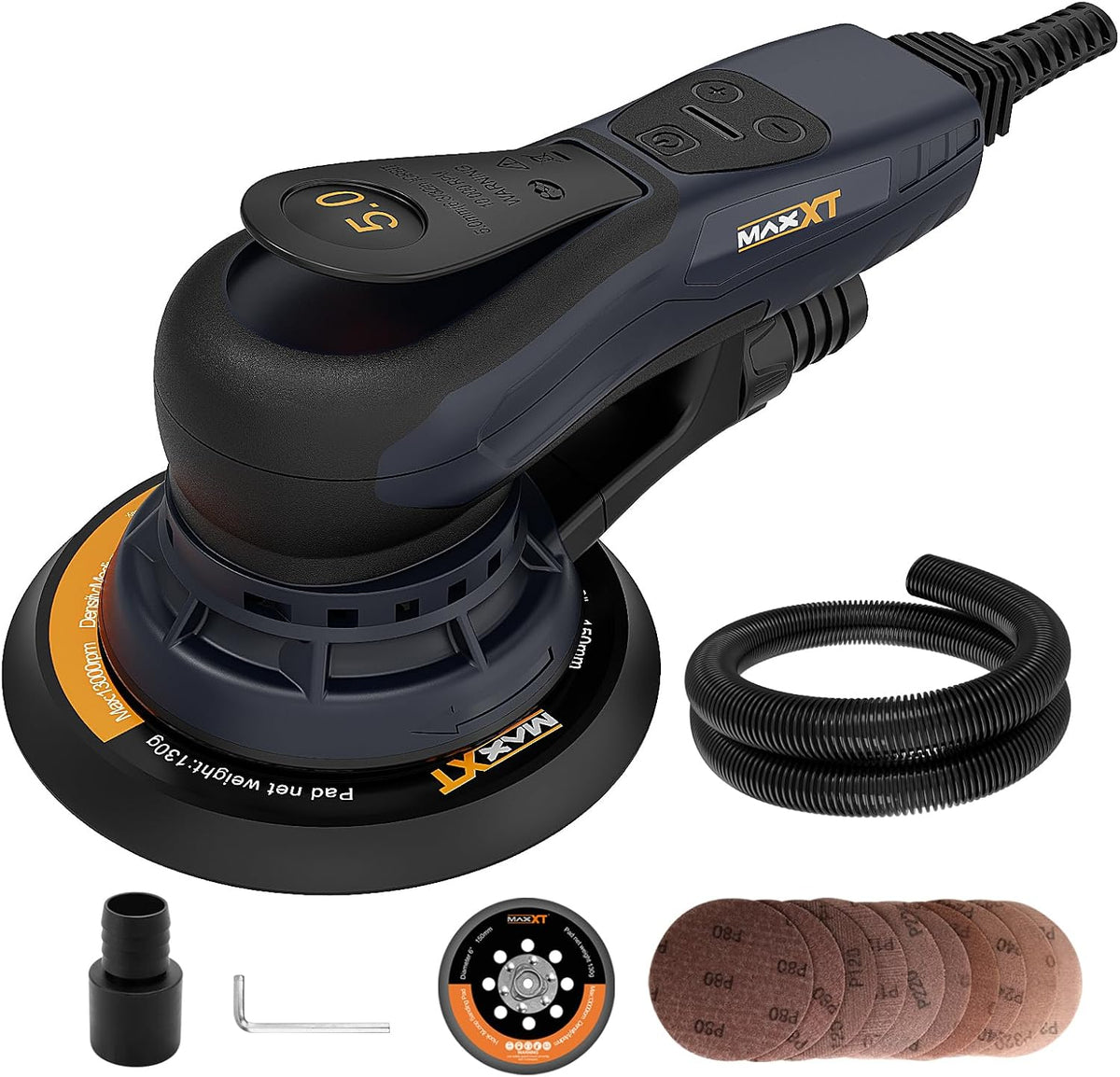 MAXXT, Exzenterschleifer, 150 mm, 5,0 mm, 5 m, Grau/Schwarz, Exenterschleifmaschine, bürstenlos, mit Dreikernanschluss