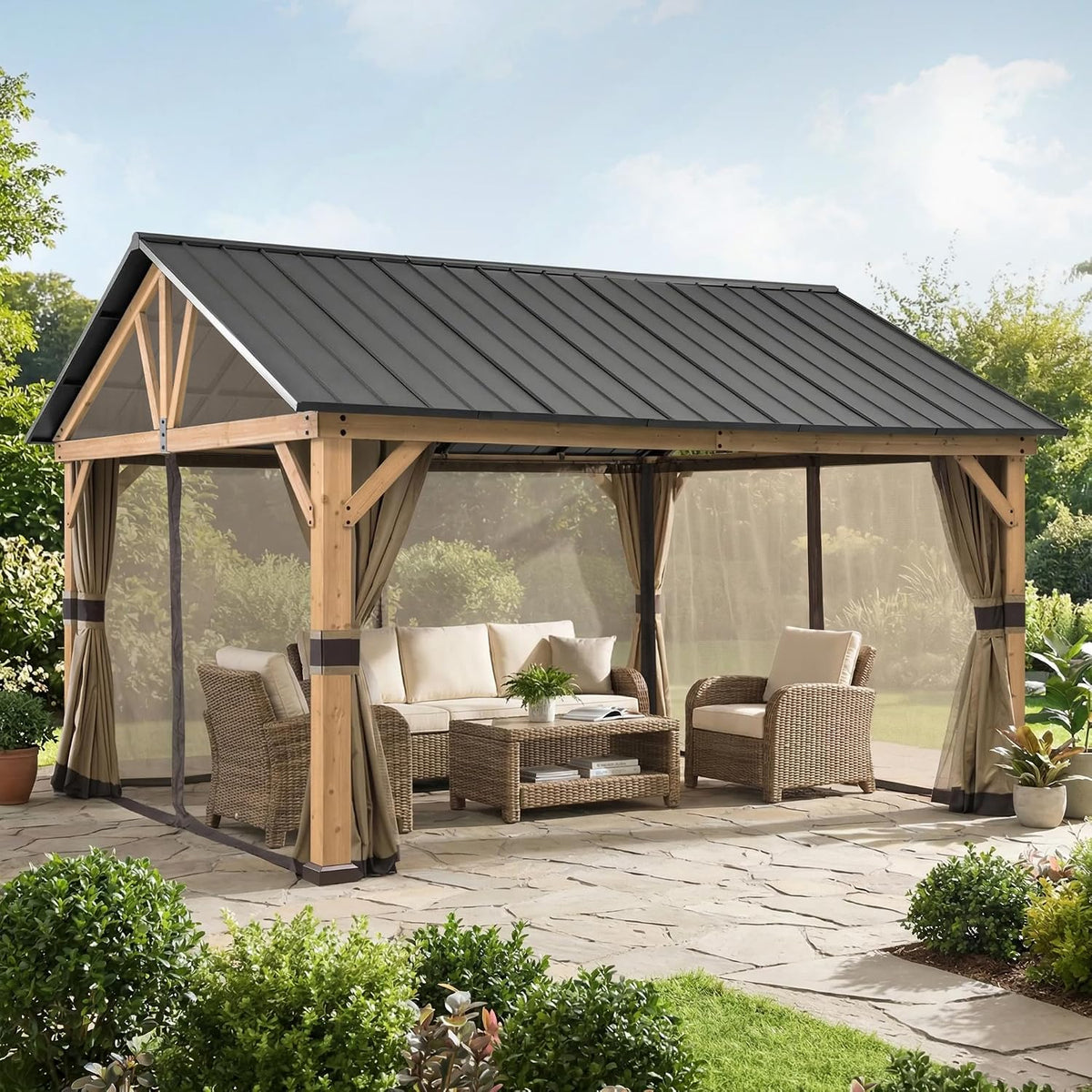 Sunjoy, Pavillon, 14 cm, 6 m, Grau, Holz aus Zedernholz wasserdicht, wind & schneefest, mit Satteldach aus Stahl