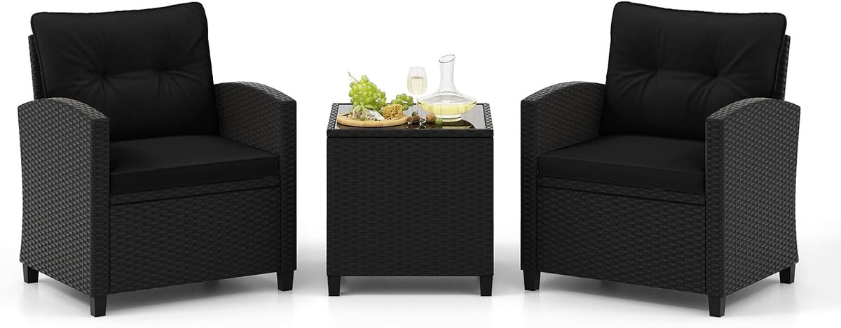 Gartenmöbel-Set, COSTWAY, Schwarz, Gartengarnitur, 3-TLG. Rattan Gartenmöbel Set, Balkonmöbel mit Kissen, 2 Stühlen und Tisch