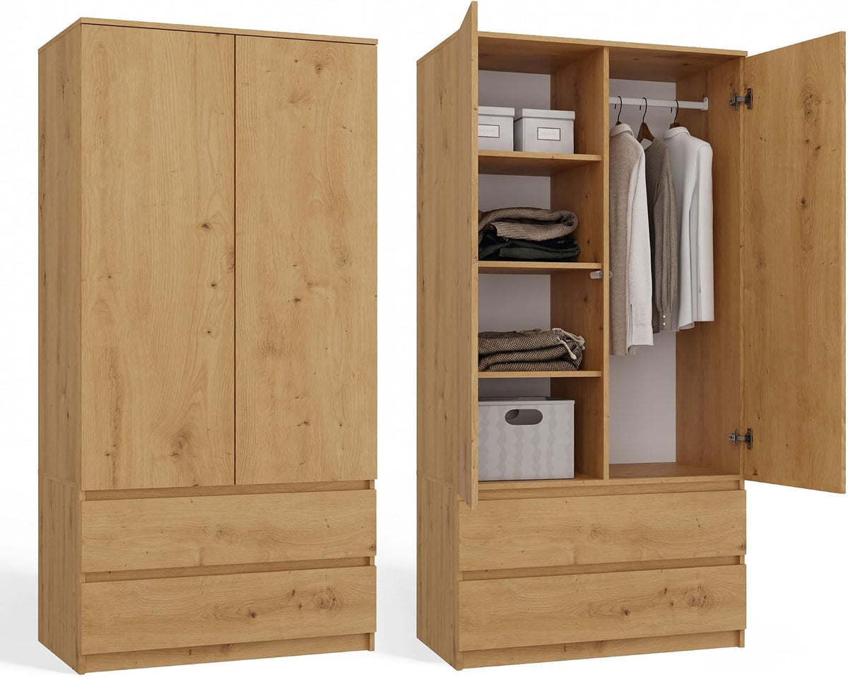 Kleiderschrank, CDF, 90 cm, Anthrazit/Eiche/Weiss, breit Zweitüriger Flurschrank mit 2 Schubladen