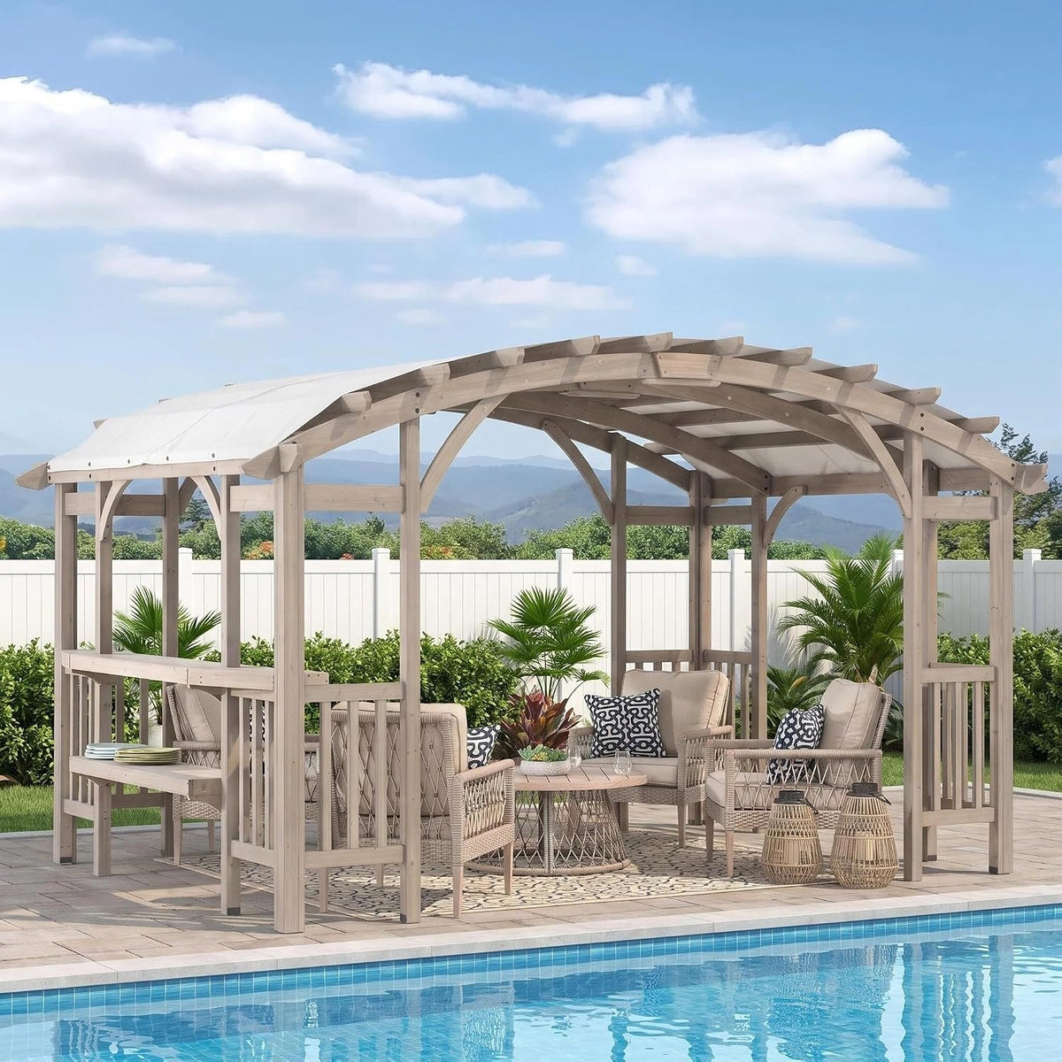 Sunjoy, Gartenlaube, Grau/Blau, Holzpergola 3x4 m Zedernholz, 12 Pfosten