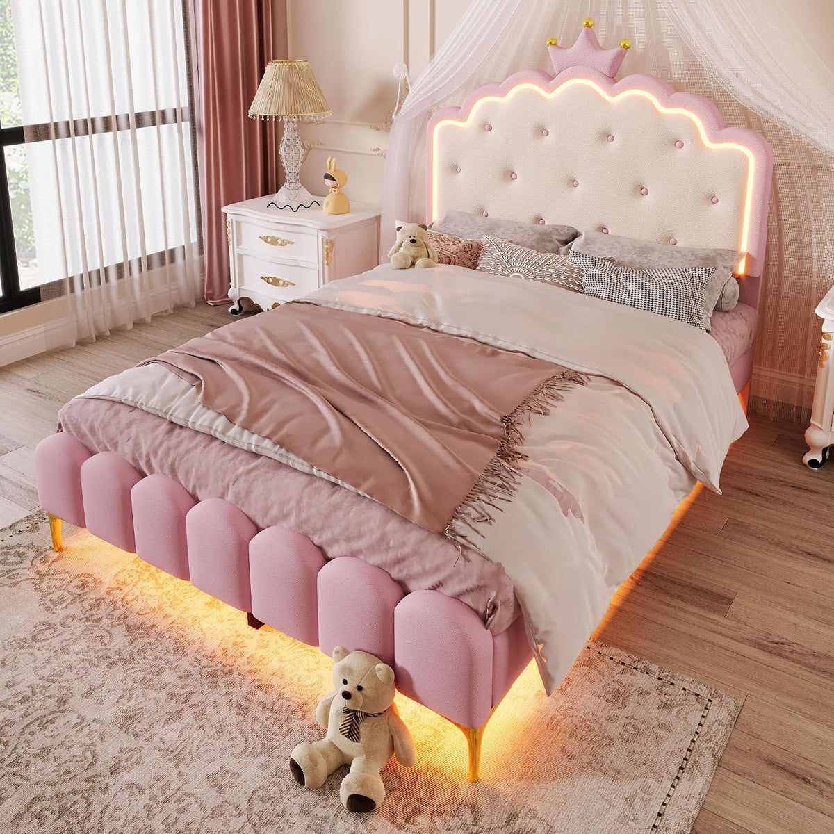 Merax, Bettrahmen, Rosa, Kinderbett 140x200, Polsterbett für Mädchen Doppelbett mit, 16 Farben LED-Streifen