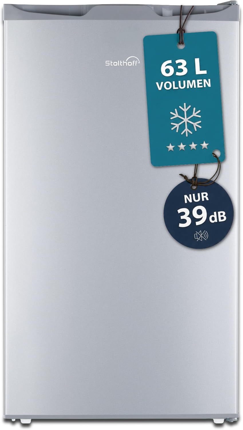 Stolthoff, Kühlschrank, 39 dB, 63 L, Silber, Gefrierschrank klein, Mini Gefrierschrank, Glasablage, 4 Sterne Tief bis -18 °C