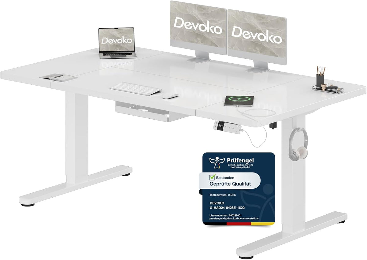 Devoko, Schreibtisch, 160x80 cm, Weiss, Höhenverstellbarer mit Typ-C Ladeanschluss, Mobiler Elektrisch Computertisch mit Kabel Management Tray