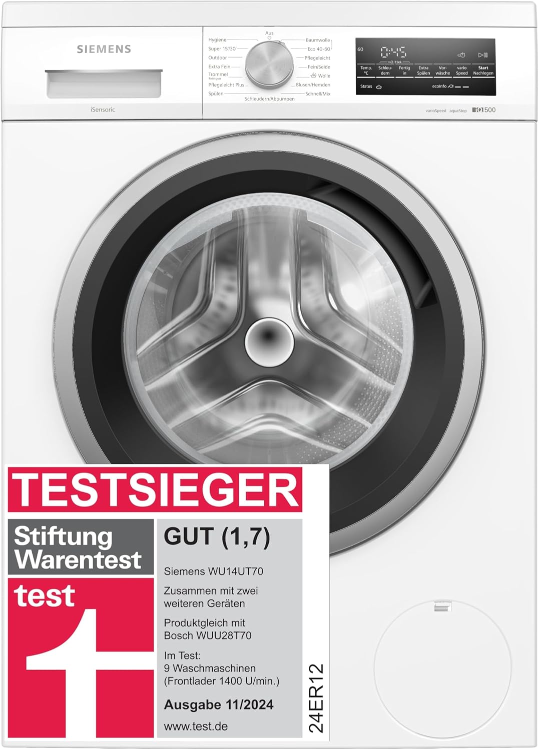 Siemens, Waschmaschine, 8 kg, Grau/Weiss, iQ500 Unterbaufähige 1400 UpM WU14UT70