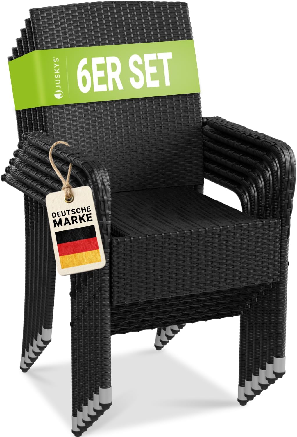 Juskys, Stapelbare Stühle, Schwarz, Polyrattan Gartenstühle Yoro 6er Set mit Armlehnen &