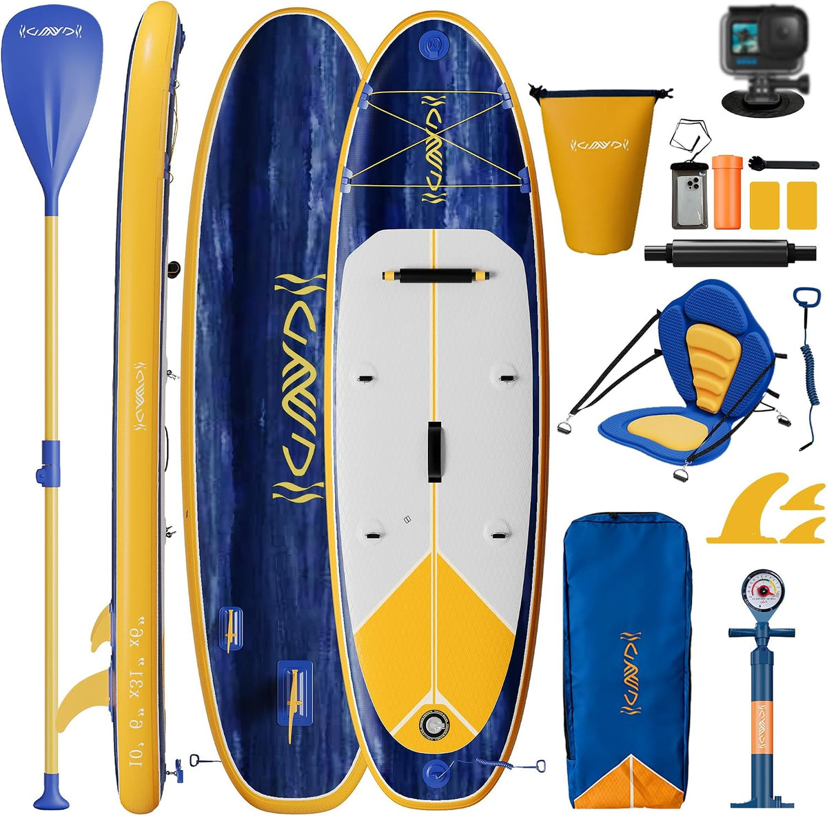 Devoko, SUP-Board, Weiss/Blau, Stand-up-Paddle-Board Aufblasbar, mit Anschluss für Kamerahalterung