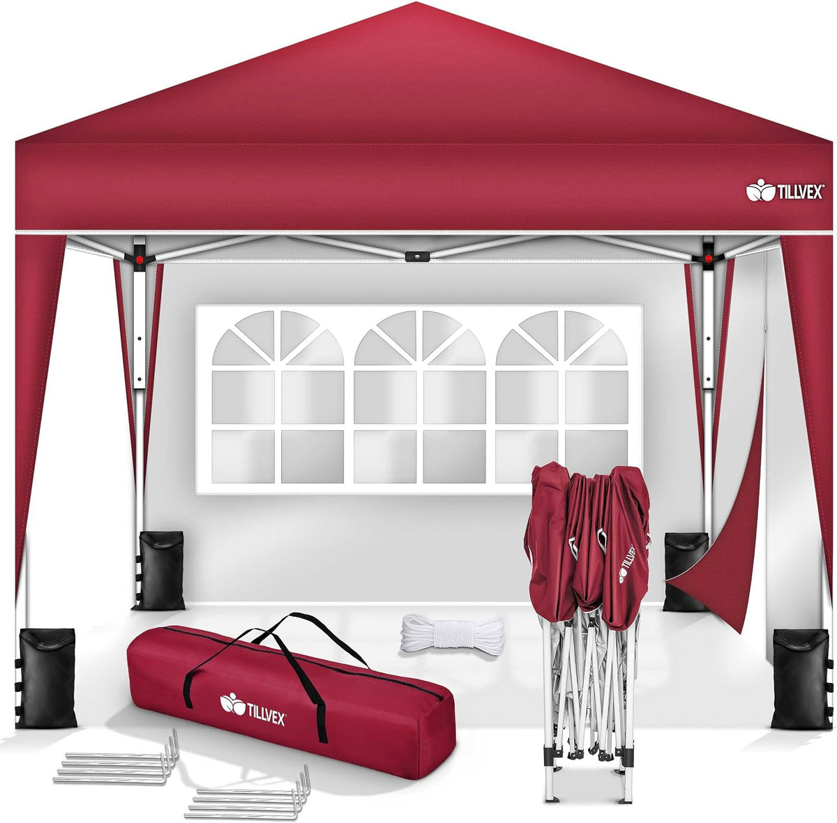 tillvex, Pavillon, Weiss/Rot, ® 3x3 m Wasserdicht mit 2 Seitenteilen & 4er Set Sandsäcke