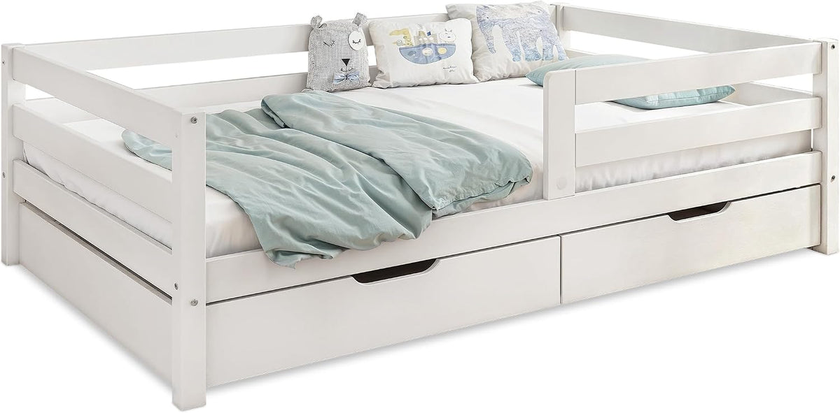 Ehrenkind, Bett, 90x200 cm, Weiss, ® Kinder Sona mit Doppelschublade aus massivem Kiefernholz