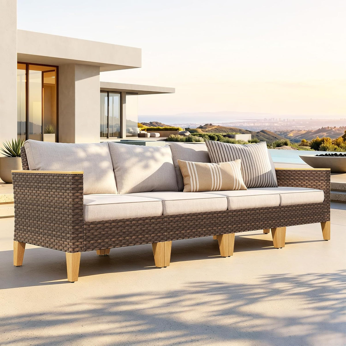 PHI VILLA, Gartenmöbel-Set, Beige/Braun, 4‑Sitzer Rattan Gartenmöbel Set Balkonmöbel, Lounge Möbel Outdoor Gartenlounge Set