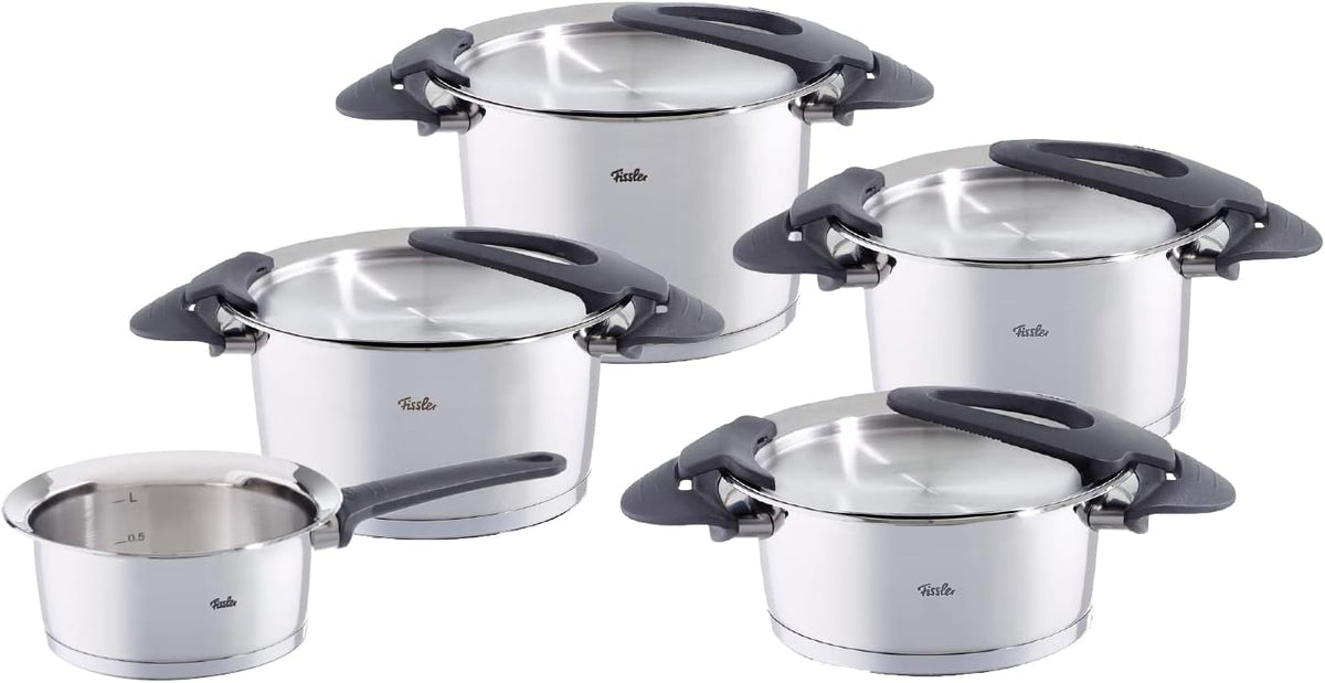 Fissler, Topfsets, Grau/Weiss, Intensa / Edelstahl-Topfset, 5-teilig, Töpfe mit Metall-Deckel (3 Kochtöpfe, 1 Bratentopf