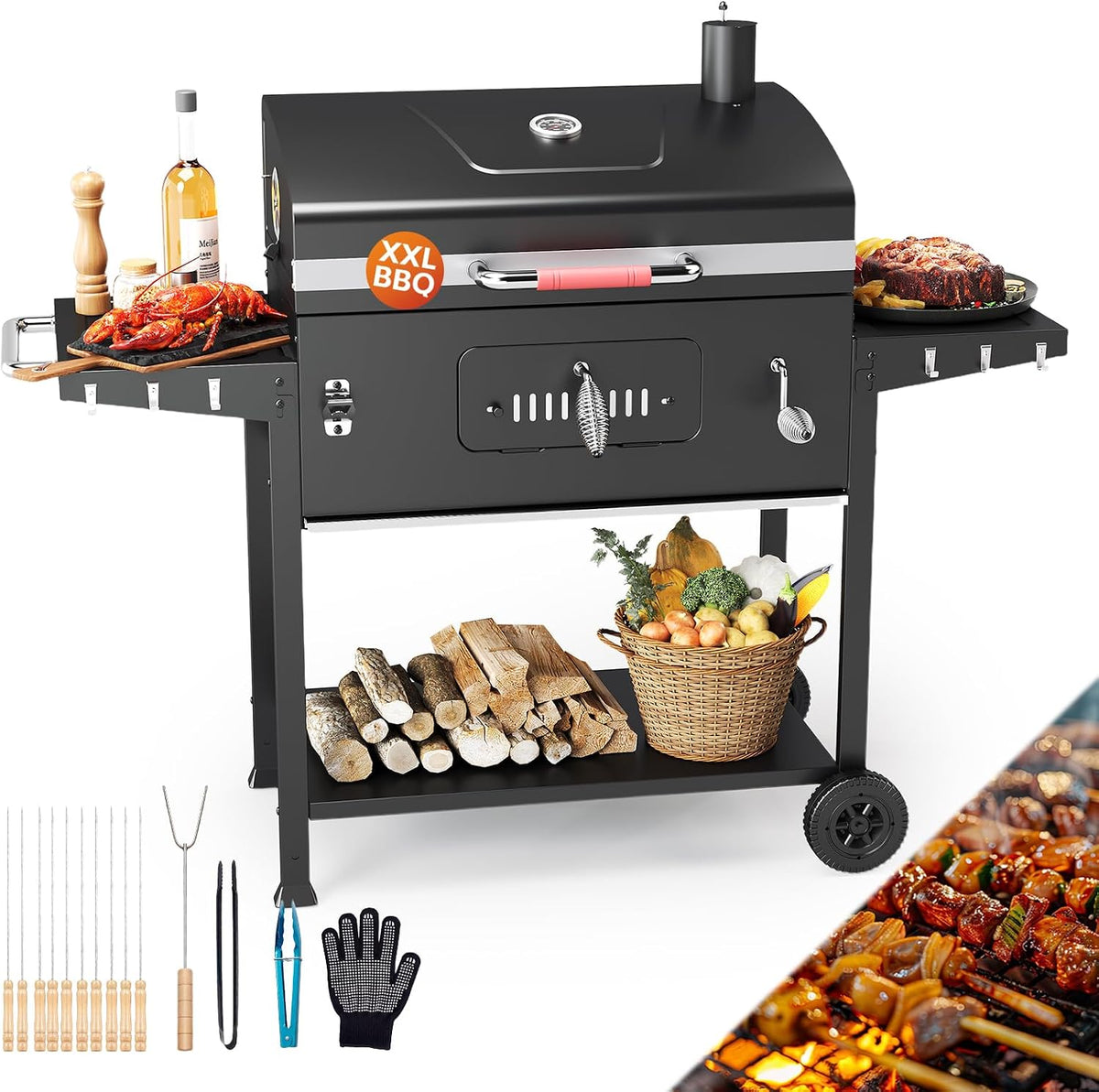 TRIUMPHKEY, Holzkohlegrill, Grau, Grillwagen Smoker XXL