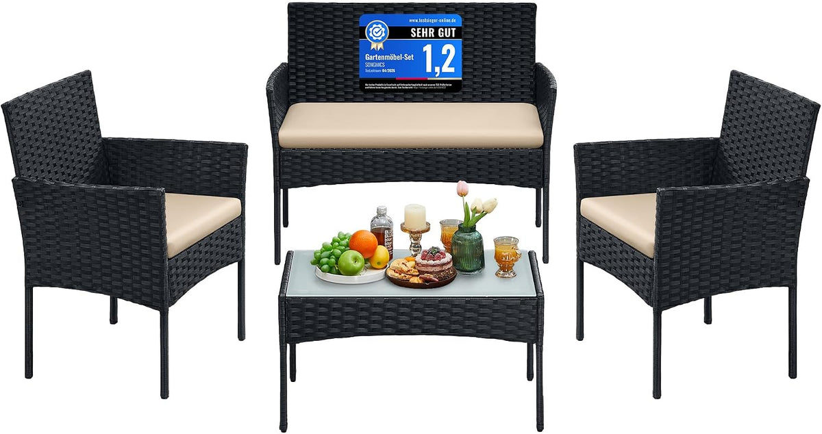 Gartenmöbel-Set, SONGMICS, Schwarz/Taupe, 4-teilig, Balkonmöbel, aus PE-Polyrattan