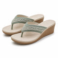 Damen Zehentrenner Keilsandalen Größe 42/43 Beige/Grün mit Textilbesatz für Sommer