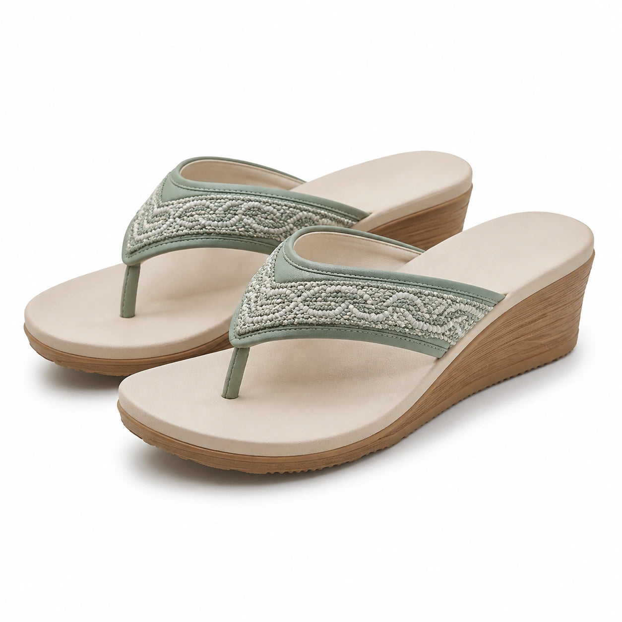 Damen Zehentrenner Keilsandalen Größe 42/43 Beige/Grün mit Textilbesatz für Sommer