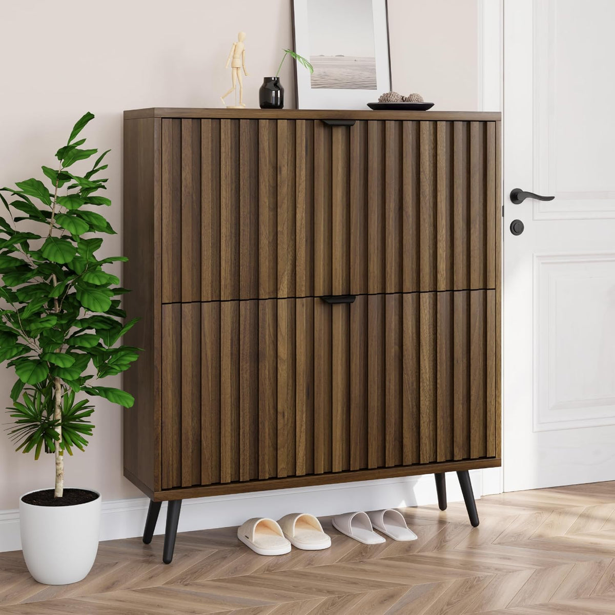 Smuxee, Schuhschrank, 80 cm, Braun, mit 2 Klappschubladen, Walnussholz, versteckter mit geriffeltem Design, Flur