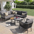 Merax, Essgruppe, Grau, Gartenmöbel Set 6 Personen, Gartenlounge Set aus Metallrahmen & handgeflochten Seil, Modulares Ecksofa Set für Terrasse