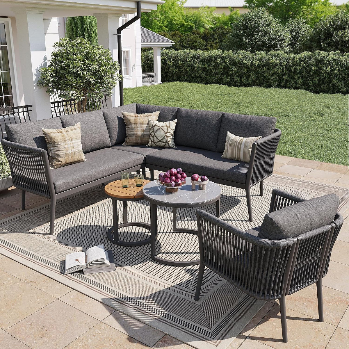 Merax, Essgruppe, Grau, Gartenmöbel Set 6 Personen, Gartenlounge Set aus Metallrahmen & handgeflochten Seil, Modulares Ecksofa Set für Terrasse