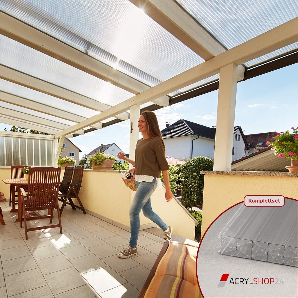 Acrylshop24, Stegplatten, 5000 mm, 16 mm, Transparent, Terrassendach Terrassenüberdachung Carport Komplettset