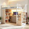 Merax, Matratze, 90x200 cm, Weiss, Metall-Hochbett, mit Schreibtisch, Kleiderschrank und Stauraum, Treppe mit Staufächern