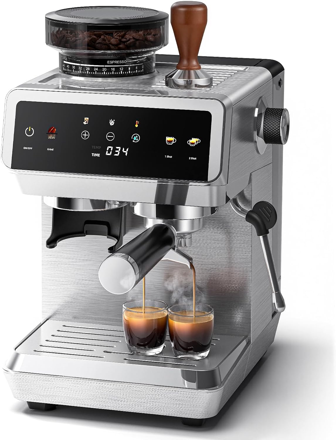 AMZCHEF, Milchaufschäumer, 20 Bar, 1,8 L, Grau, Siebträgermaschine, Espressomaschine mit mahlwerk, 44 Mahlgrade