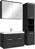 Badplaats B.V., Waschplätze, 80 x 40 cm, Schwarz, Badmöbel Komplettset Paso LED Hochglanz - Badezimmermöbel, Spiegelschrank und Badezimmerschrank