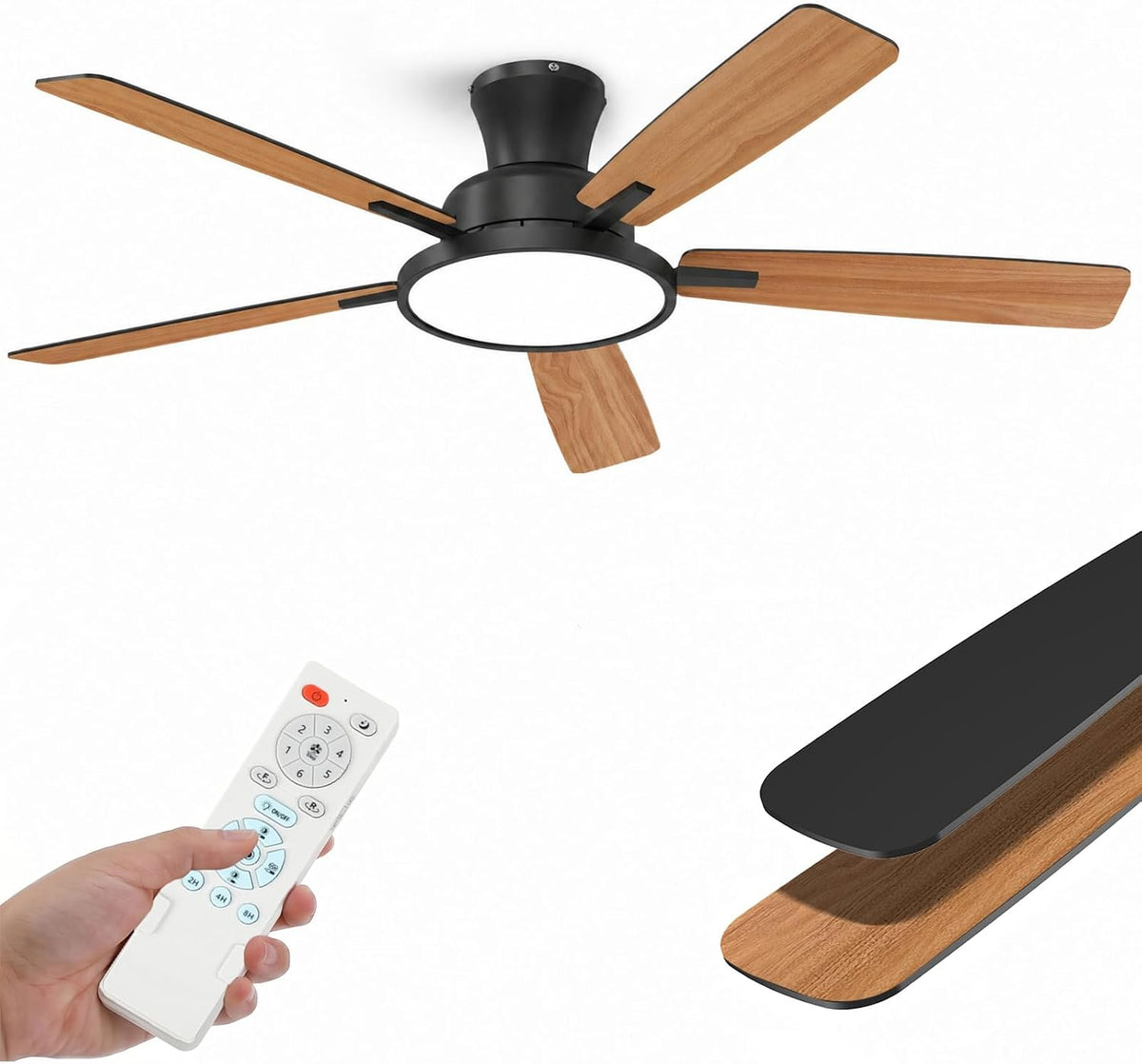 Taloya, Deckenventilator, 132 cm, Schwarz, mit Beleuchtung und Fernbedienung, Leise DC Motor, LED Lampe Dimmbar 3000-6500K