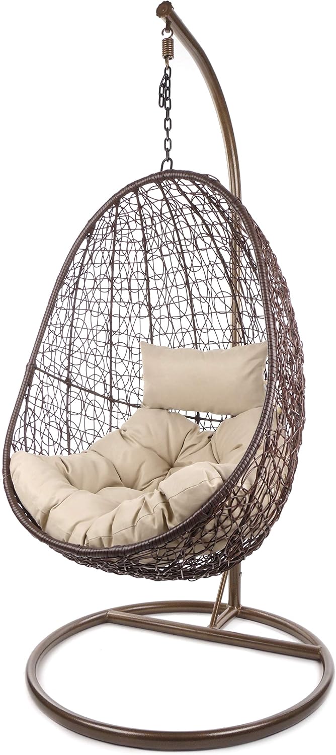 Hängesessel, Kideo, Braun/Hellbraun, Komplettset: mit Gestell & Kissen, Korbsessel, Poly-Rattan (Gestell- und Korbfarbe: braun