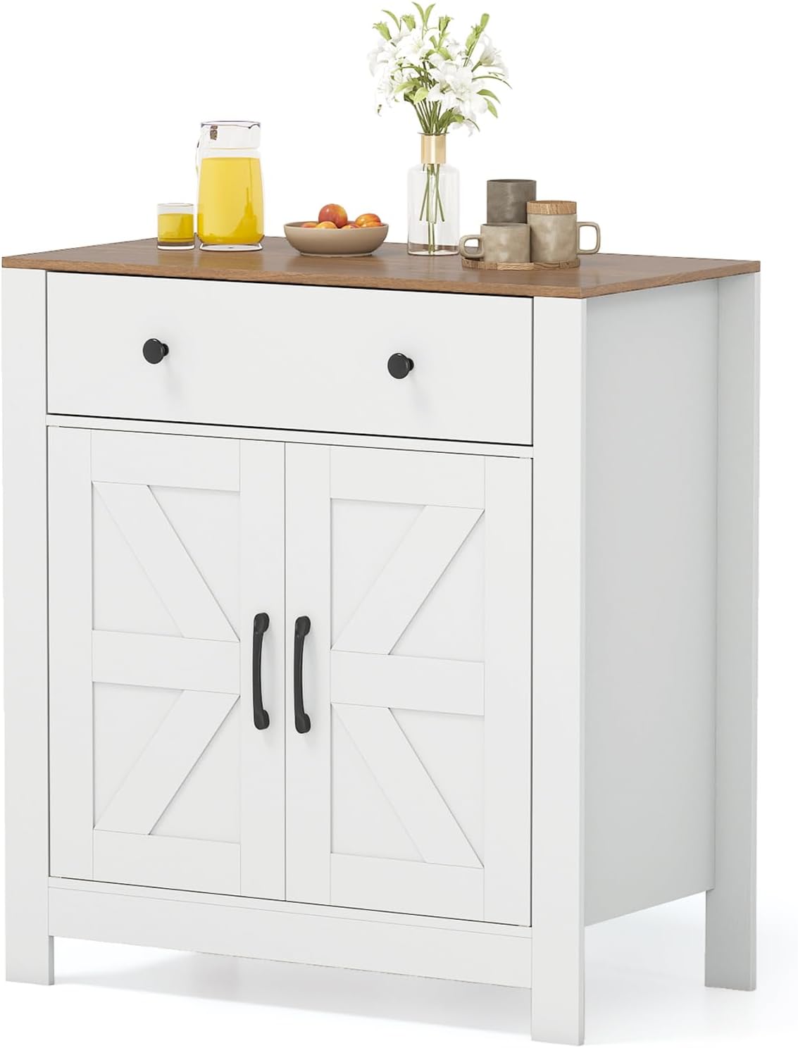 COSTWAY, Sideboard, Weiss, Küchenschrank mit Arbeitsplatte, Schublade, 2 Türen & verstellbares Regal, Buffetschrank