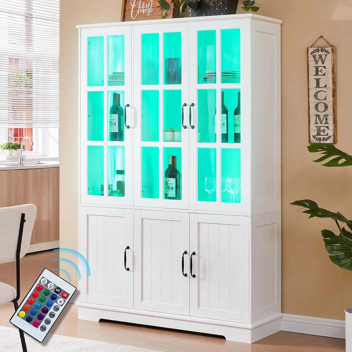 LUXOAK, Buffetschrank, 180 cm, Weiss, mit LED, 6 Türen, Vitrinenschrank