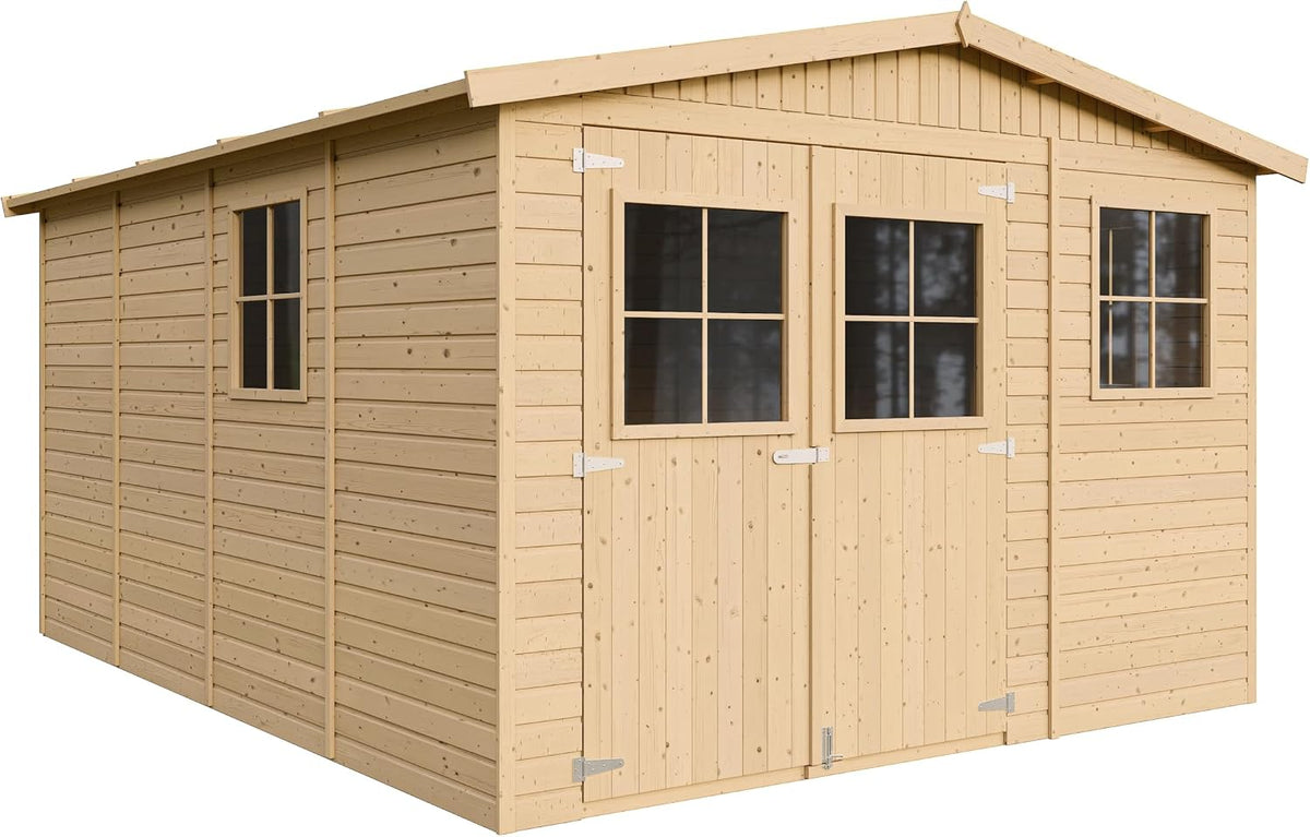 Gerätehaus, TIMBELA, 12 m, Eiche/Weiss/Grau, Gartenhaus Holz MIT IMPRÄGNIERTEM Boden - Geräteschuppen