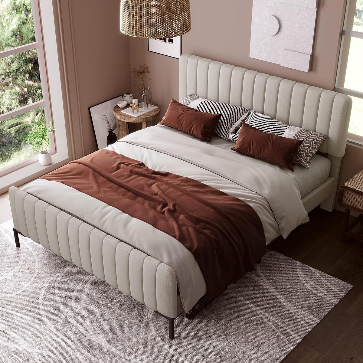Generisch, Bettrahmen, 180 x 200 cm, Grau/Beige, TOBIDOEN Polsterbett Doppelbett, Bettgestell mit Lattenrost und Verstellbares Kopfteil