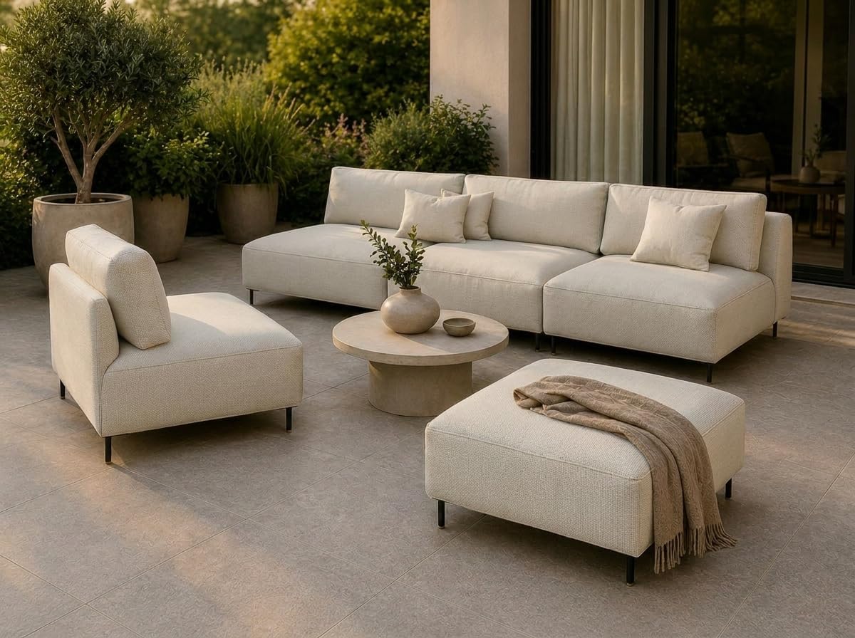 Sofa, A&J MöbelLand, Creme, Outdoor Lounge Set Sun mit, Sessel und Hocker in - Wetterfestes Gartenmöbel Set für